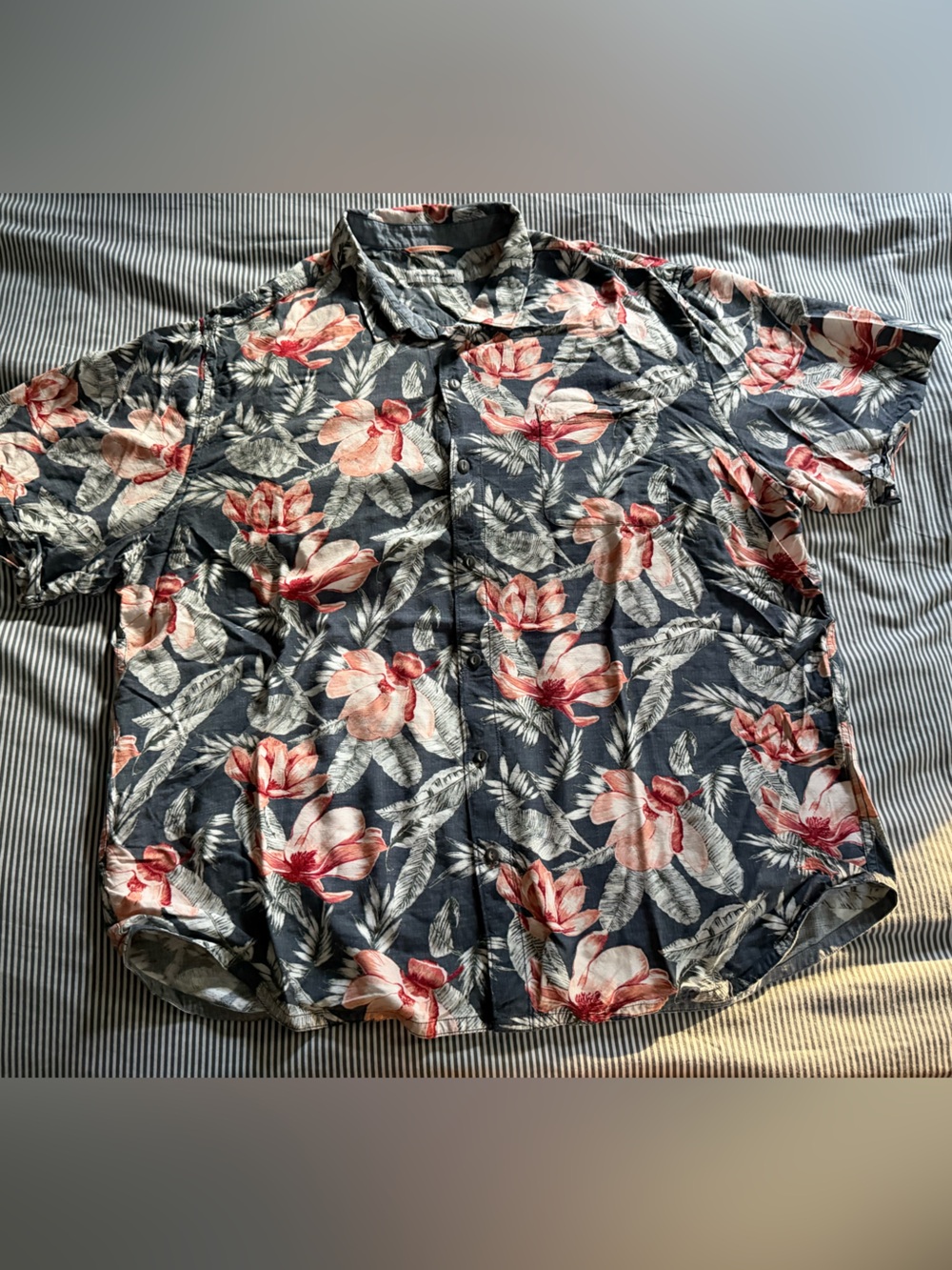 Tommy Bahama heather gray Floral Button-Down Shirt with Pink Blooms